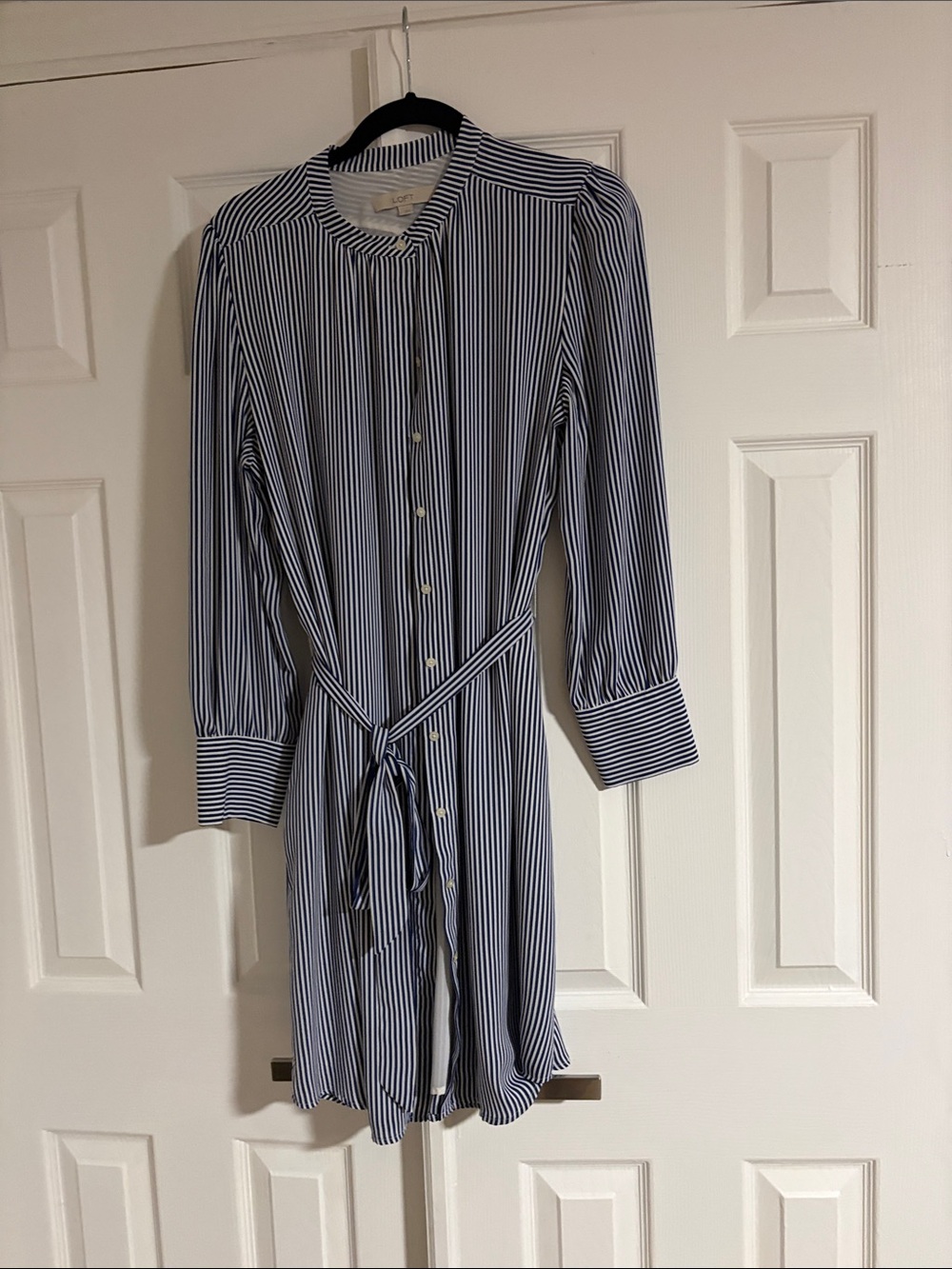 LOFT Blue and White Striped Long-Sleeve Shirt Dress